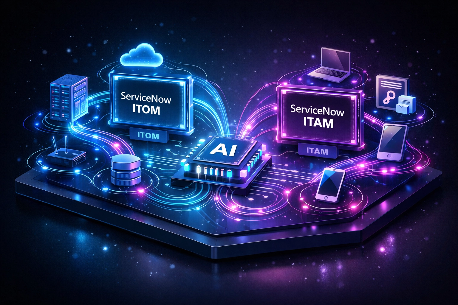 ServiceNow ITOM and ITAM dashboard showing interconnected infrastructure and asset management modules