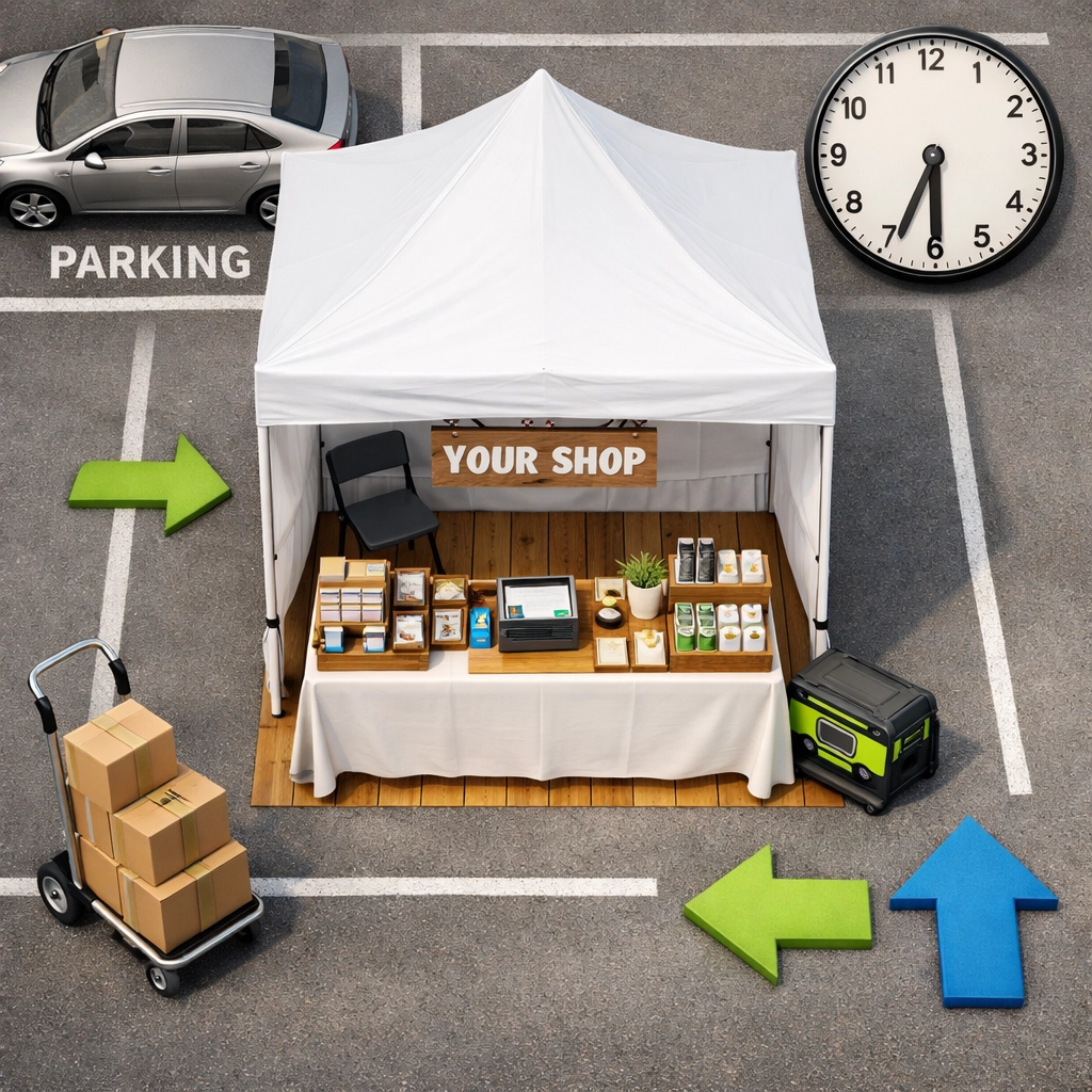 Organized vendor booth setup showing logistics planning and booth layout