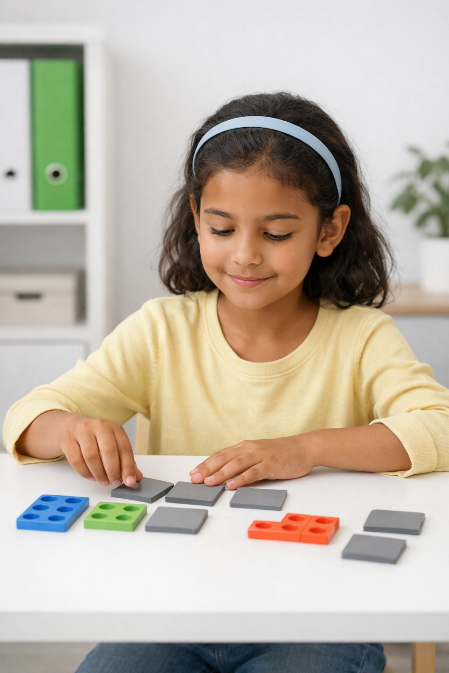 Meisje oefent geconcentreerd met Numicon afdekplaatjes tijdens persoonlijke leerbegeleiding basisschool.