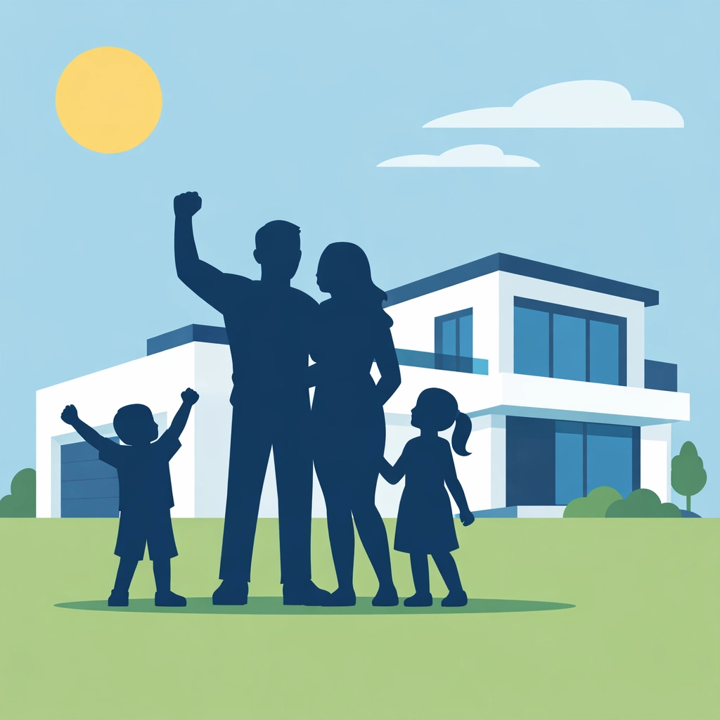 Familia latina feliz frente a su nueva casa propia cumpliendo el sueño americano.