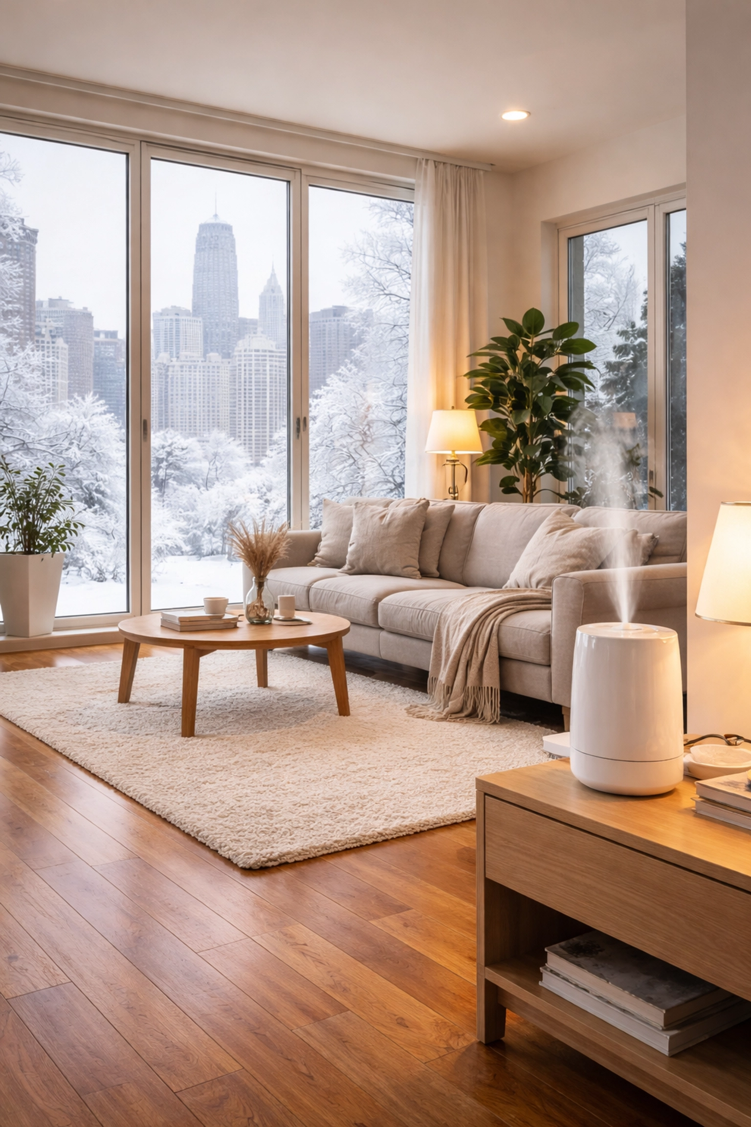 Cozy Chicago living room with gleaming hardwood floors, snow outside, and a humidifier maintaining ideal winter humidity.