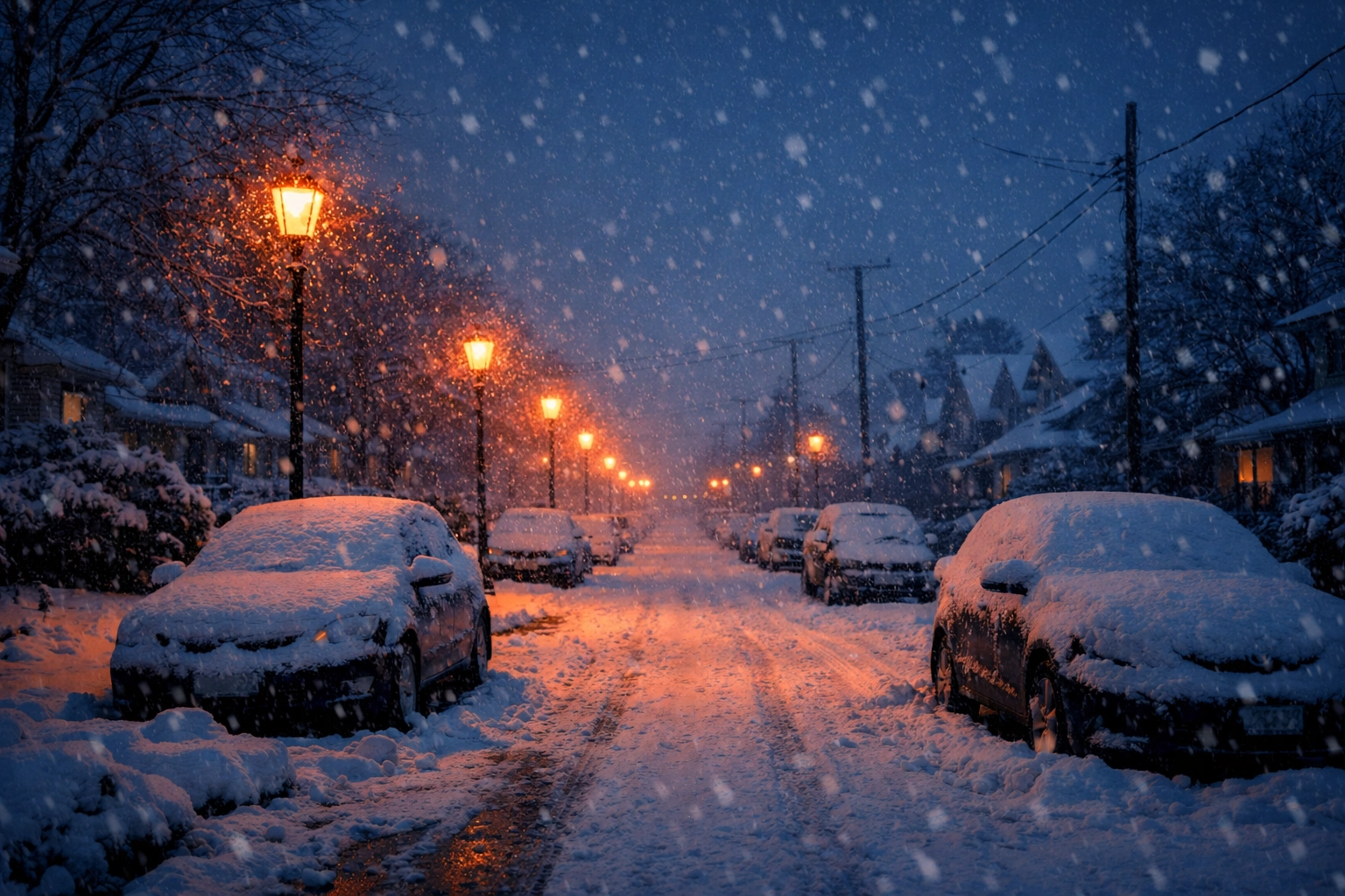 Snow-covered residential street during winter storm watch early morning