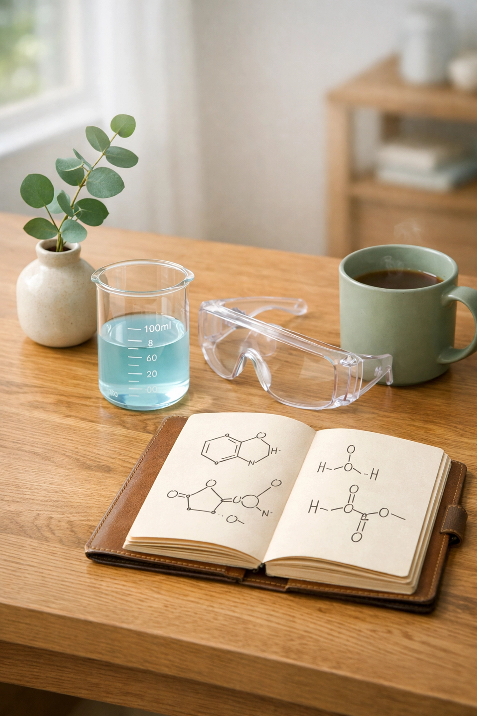 A-level chemistry homeschooling setup on a wooden desk with a glass beaker and safety goggles.