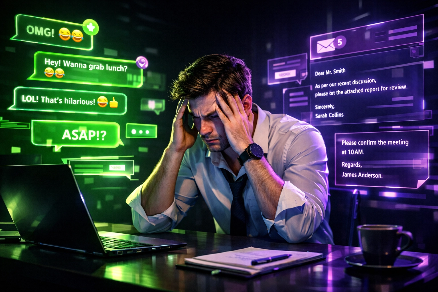 Graduate struggling with professional communication styles and workplace messaging expectations