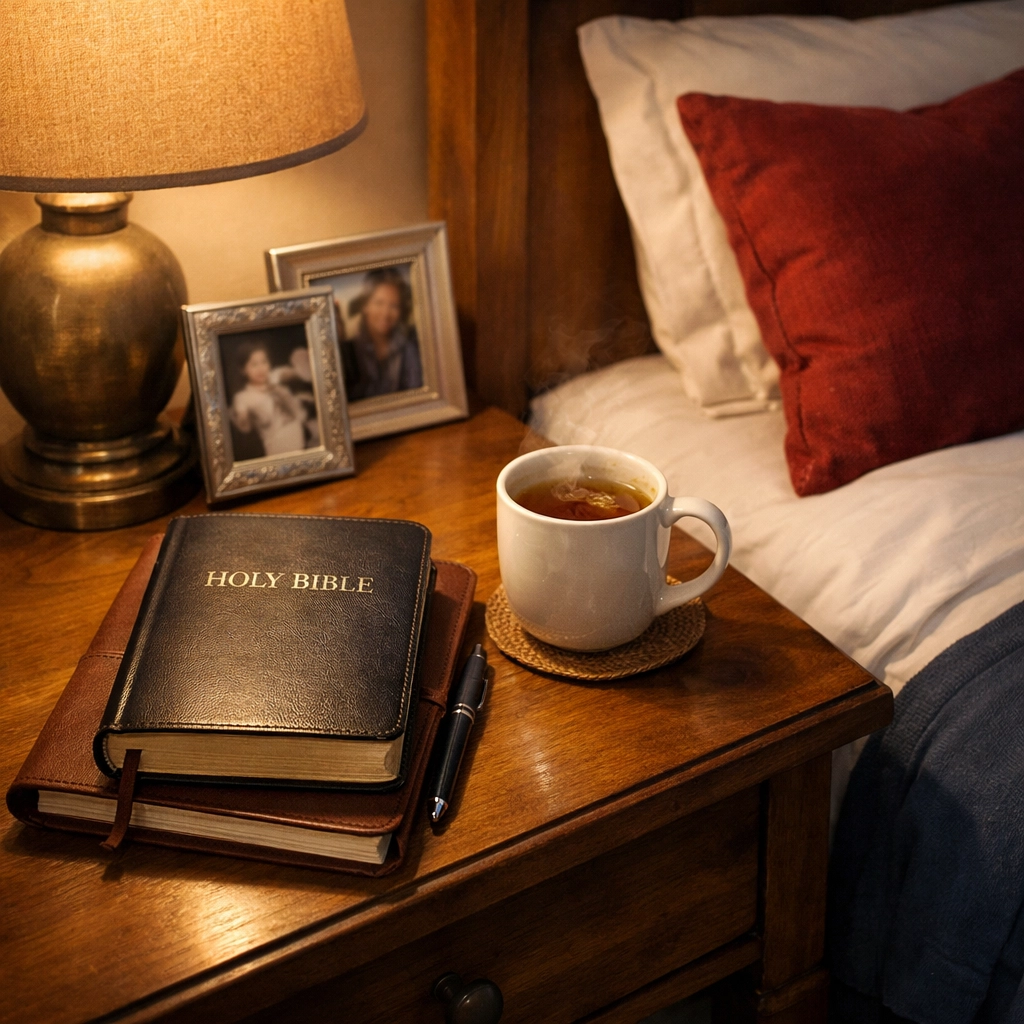 Peaceful bedtime routine with Bible and journal on nightstand, phone put away for restful sleep