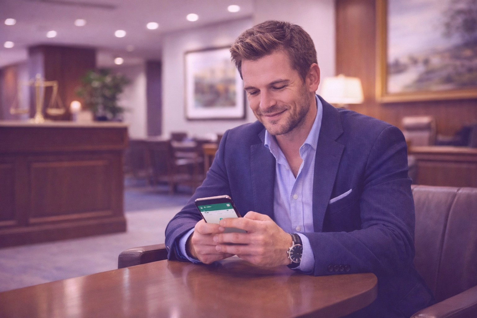 Legal client using a smartphone at a cafe to interact with automated law firm WhatsApp intake.