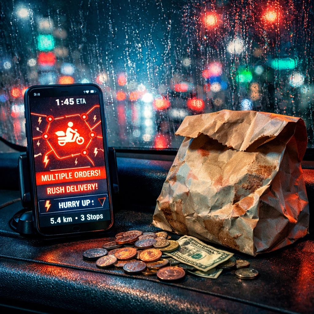 Smartphone displaying a gig economy delivery app in a car, highlighting service sector instability.