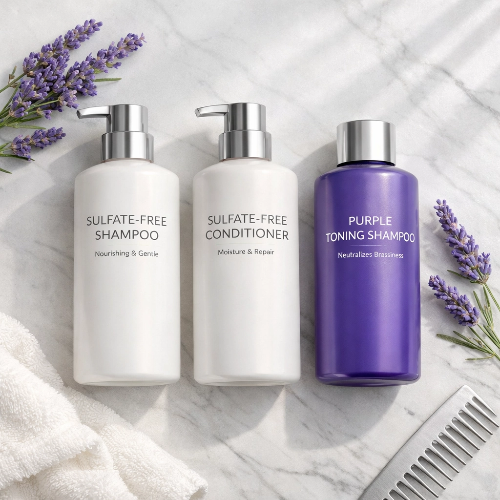 Sulfate-free color-safe shampoo and purple toning products for colored hair
