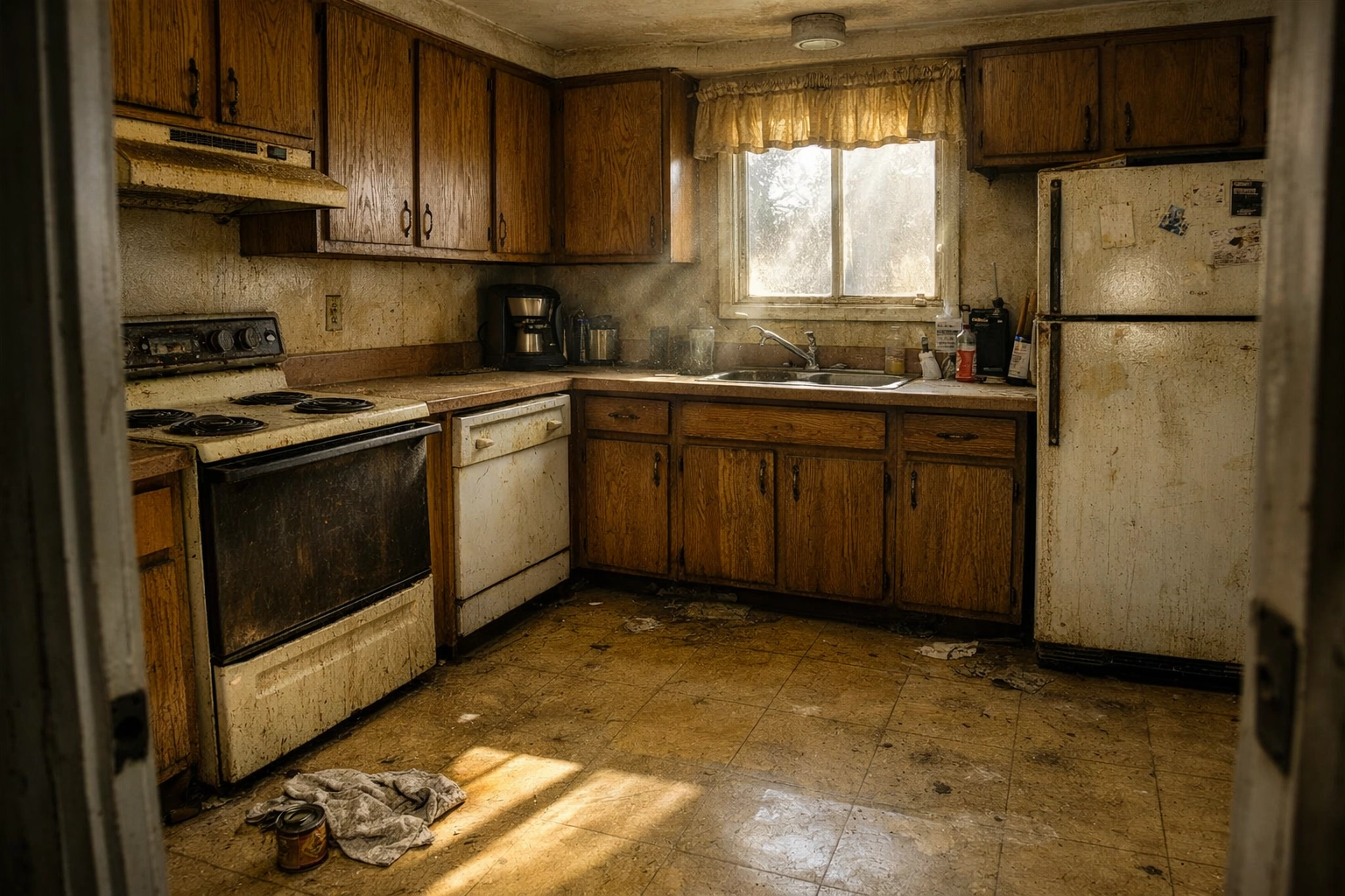 Outdated kitchen in as-is condition with worn cabinets and appliances