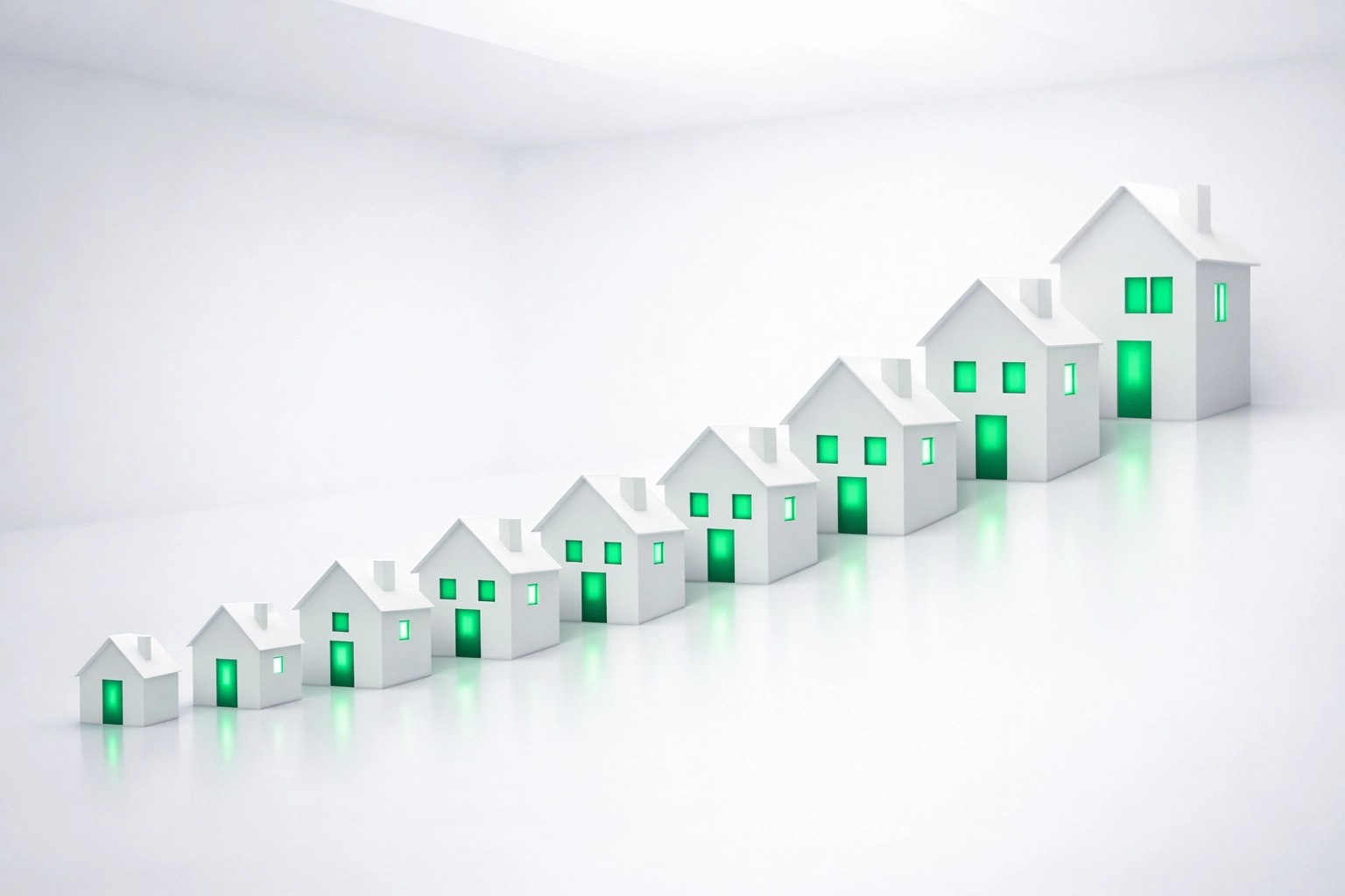 Row of ten modern houses representing the goal of scaling a rental property portfolio to 10 doors.
