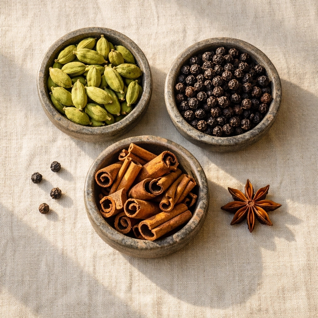 Whole Indian spices including cardamom and Ceylon cinnamon in carved stone bowls.