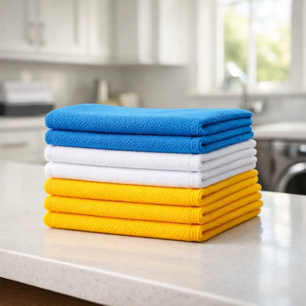 A stack of blue and yellow microfiber cloths used for professional deep cleaning Franklin services.