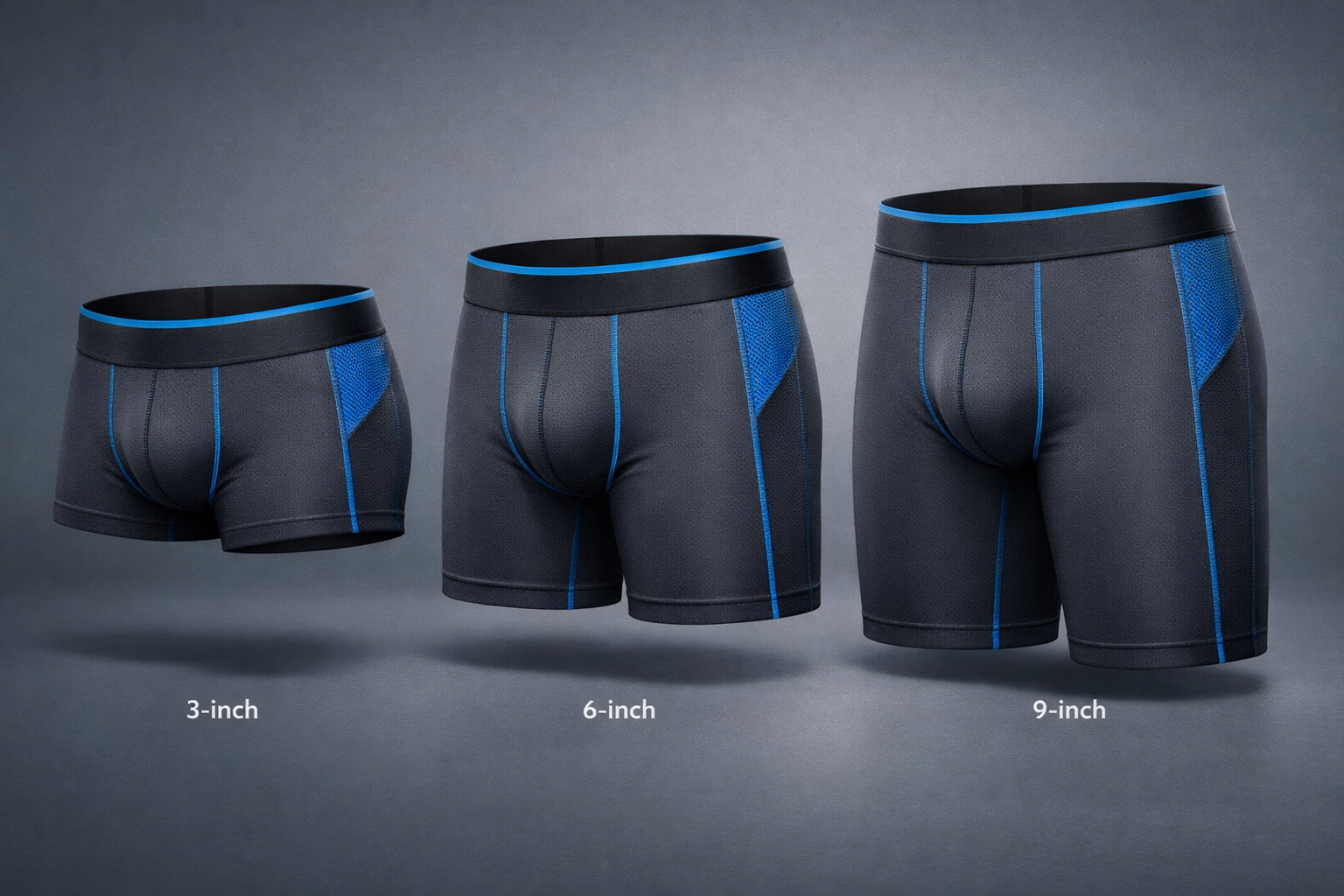 Selection of 3, 6, and 9 inch mens underwear inseams for maximum anti-chafe protection during exercise.