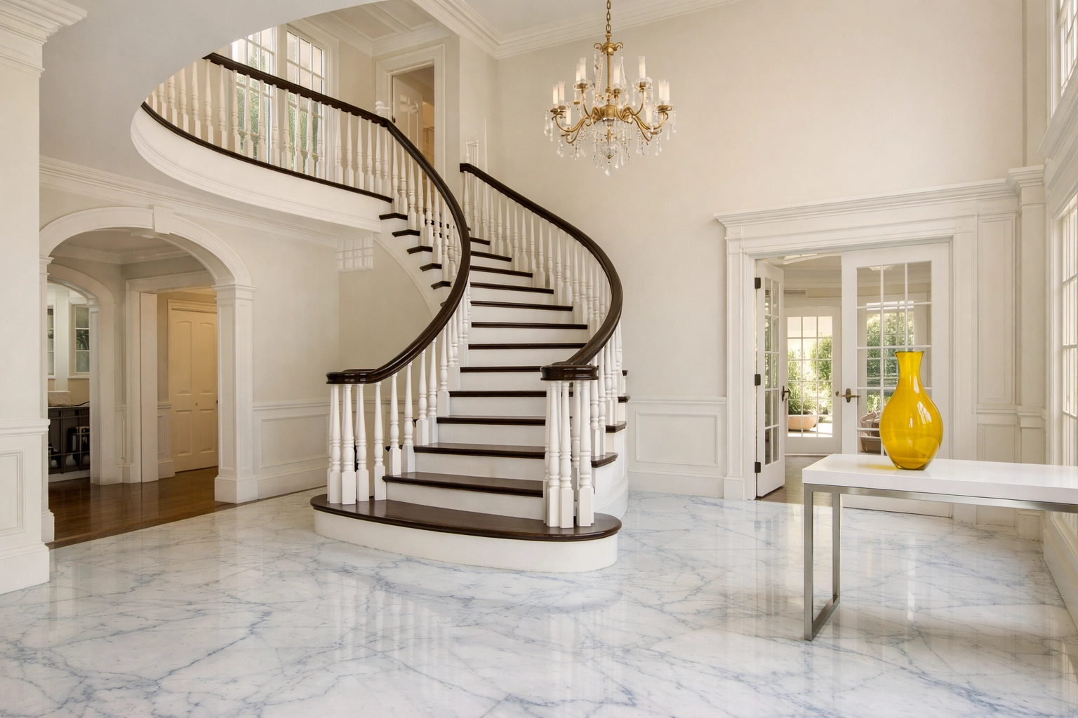 Luxury home foyer with pristine marble floors after an expert deep cleaning Winchester MA visit.