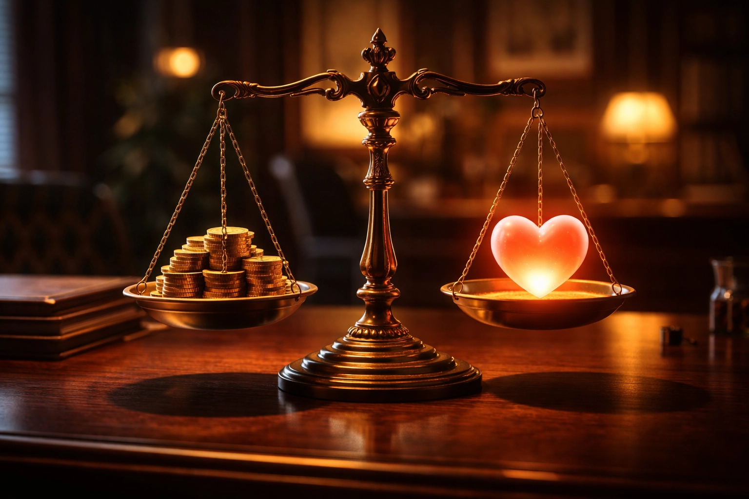 A brass scale balances gold coins and a heart, symbolizing aligning risk tolerance and capacity in portfolio management.