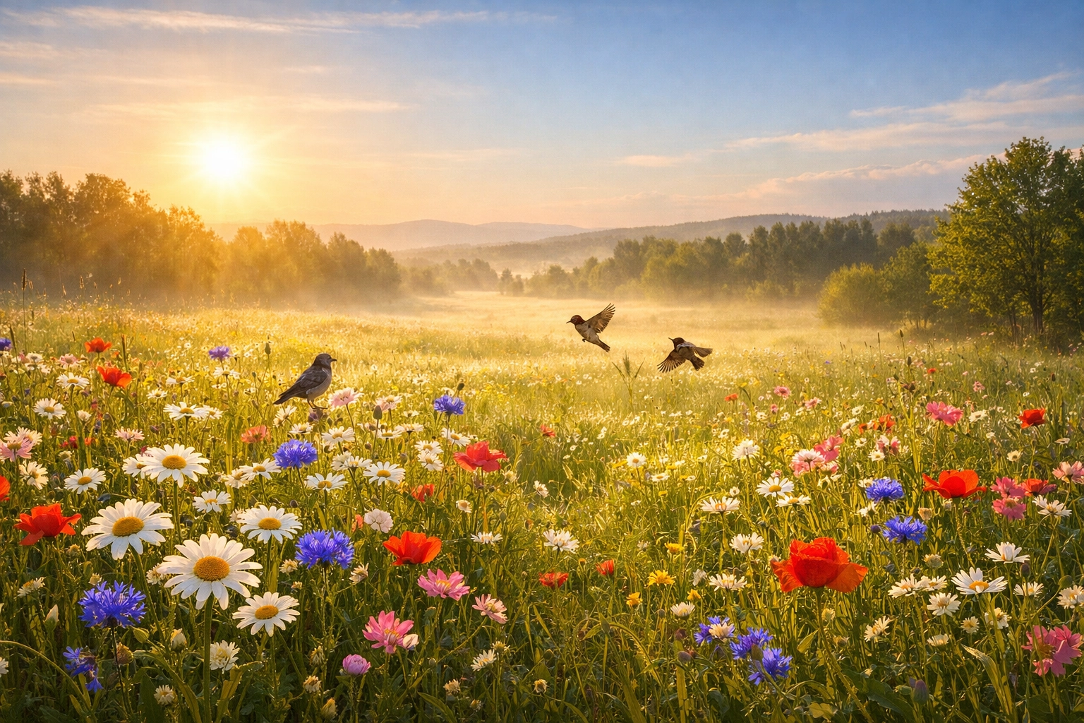 A sunny meadow with wildflowers and birds, representing God's provision and a peaceful mind focused on today.