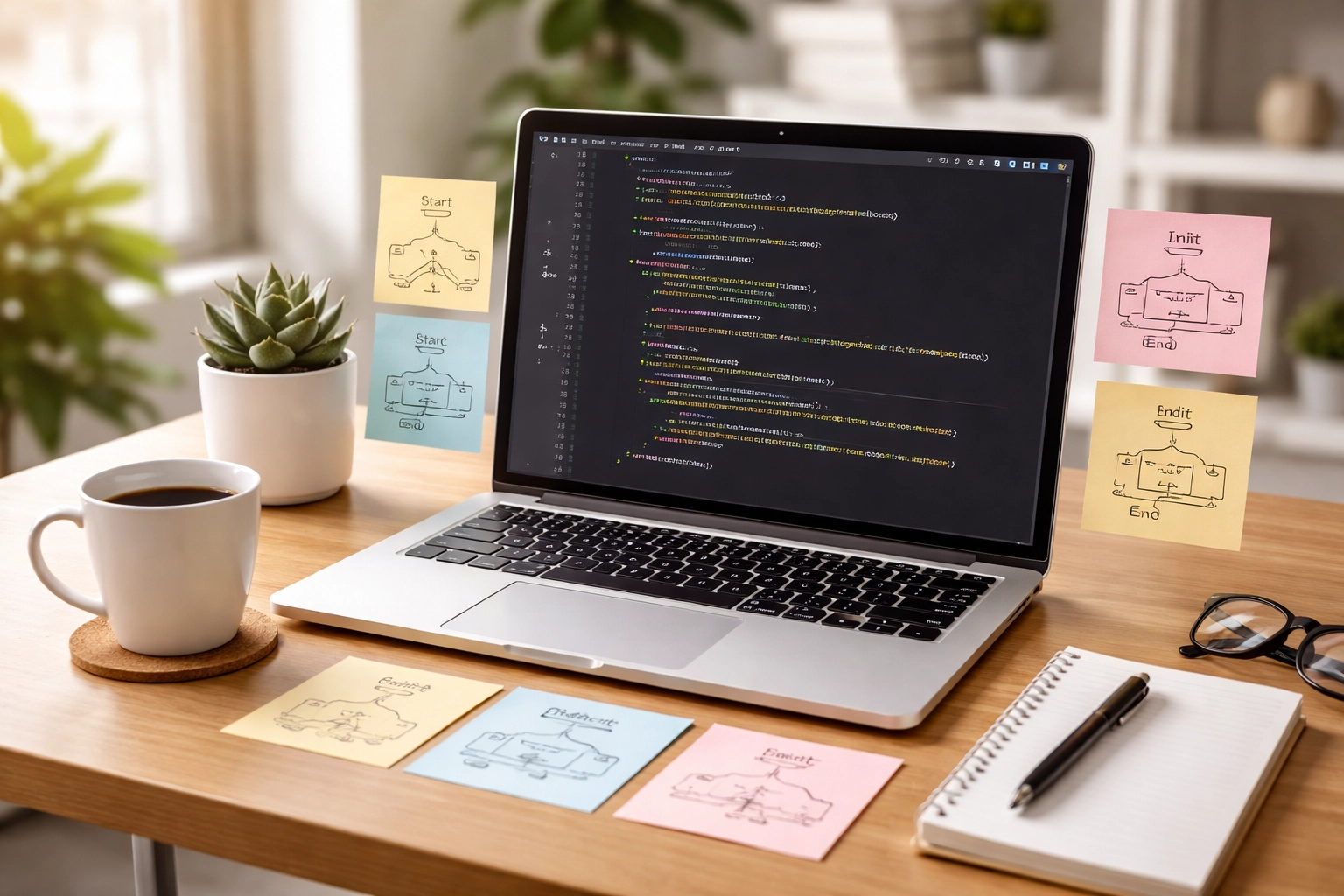 Organized desk workspace with a laptop and code, illustrating clarity and structured data for effective AI SEO