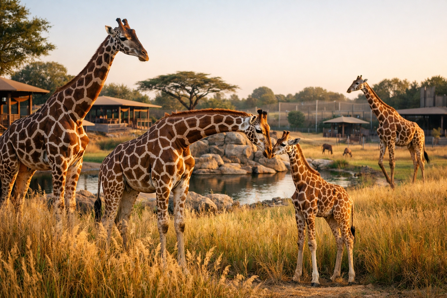 A giraffe family in a natural savanna enclosure at golden hour, illustrating zoo conservation efforts.