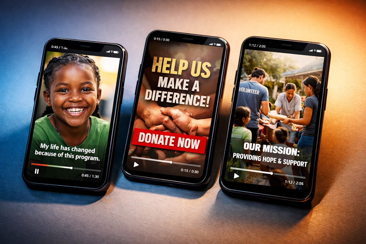 Three smartphone screens displaying nonprofit video formats: impact story, donation appeal, and mission explainer