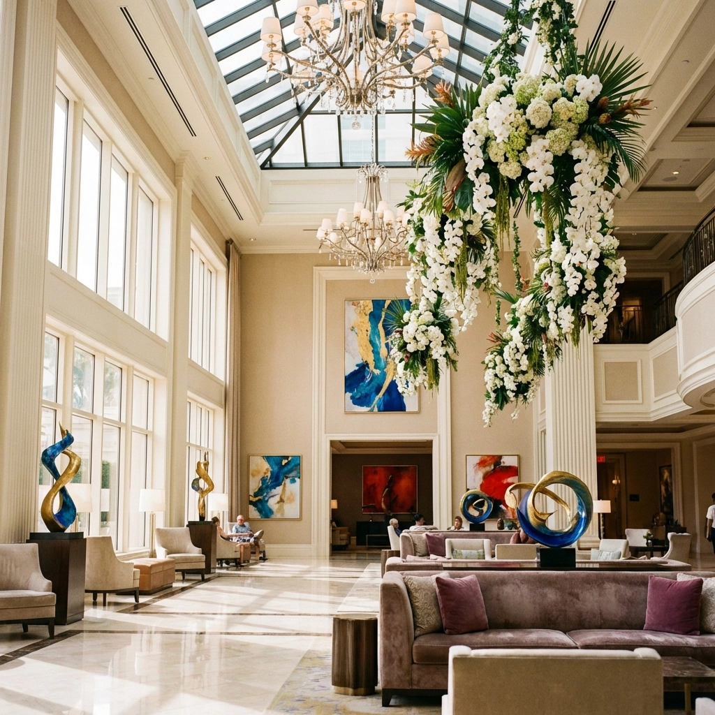 Elegant Las Vegas resort lobby with floral displays and art, peaceful free place to relax on the Strip