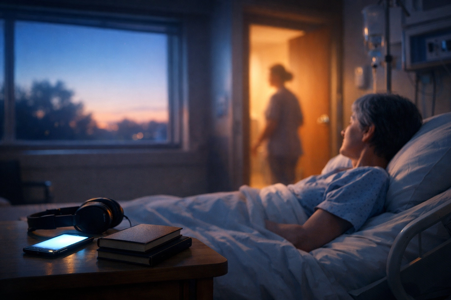 A patient finds peace and spiritual sanctuary in a quiet hospital room as dawn approaches.