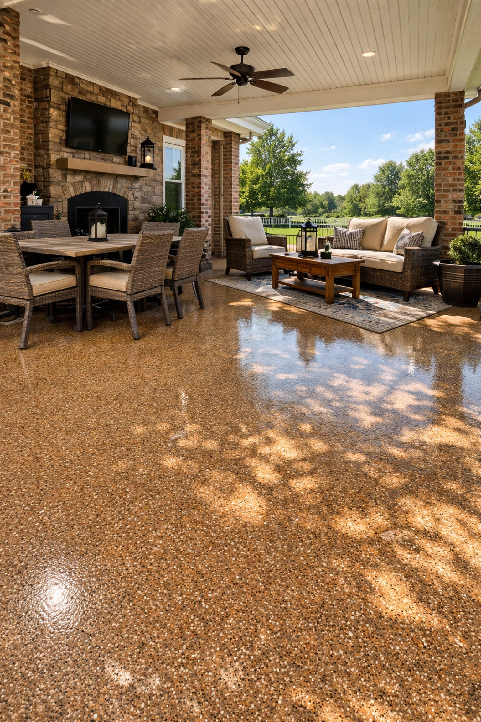 Earth-toned polyaspartic concrete coating on a sun-exposed outdoor patio in Brandon MS.