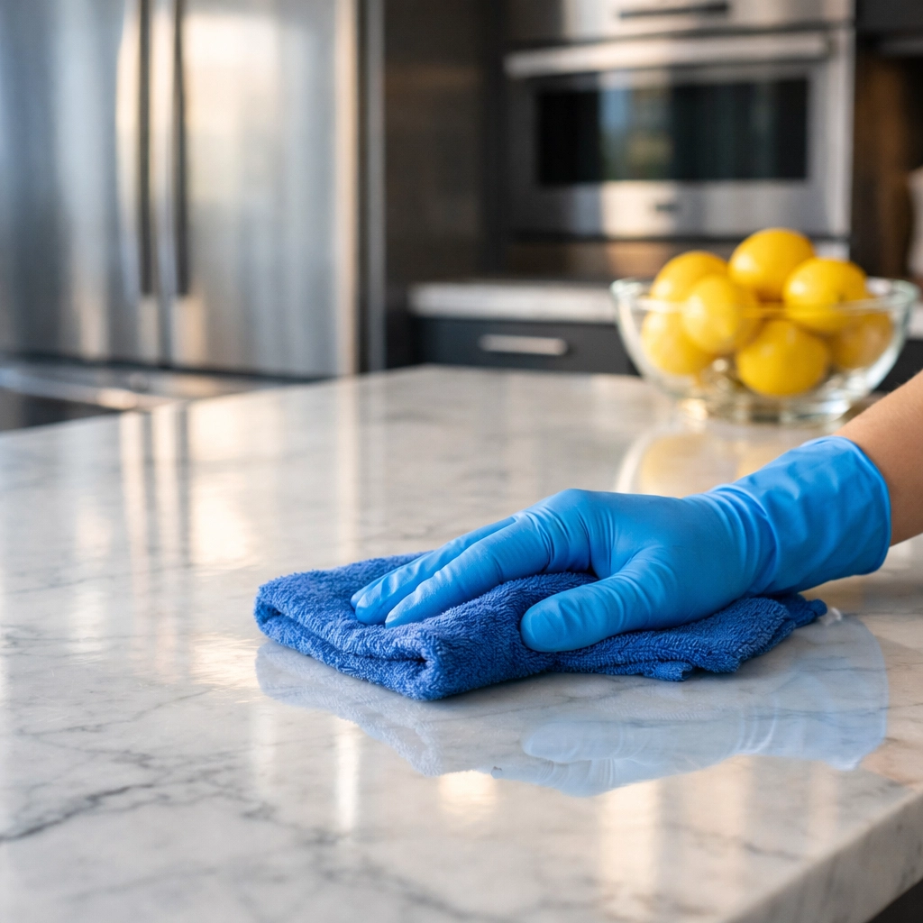Professional house cleaning in Cambridge MA showing a gloved hand wiping a luxury marble kitchen island.