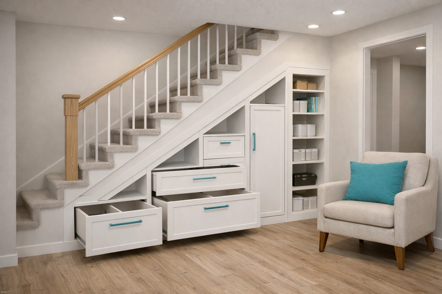Custom under-stairs storage drawers in a finished Saskatoon basement renovation project.