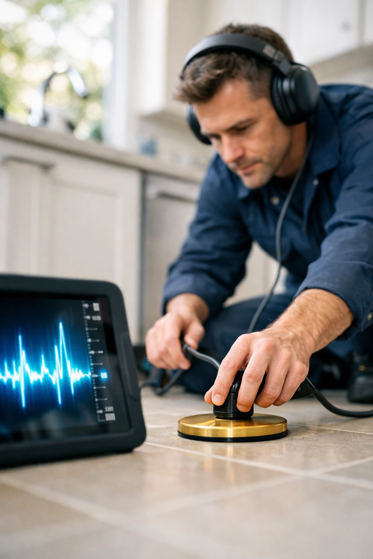 Professional plumber using acoustic leak detection equipment to find a slab leak under kitchen tiles.
