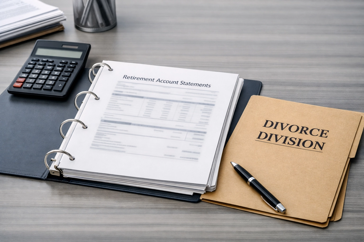 Retirement account statements, calculator, and legal folder on a desk for divorce property division