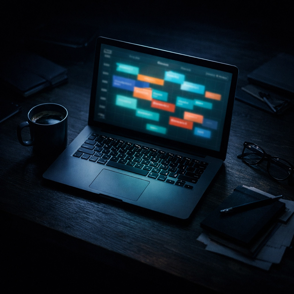 Late-night founder desk with a cluttered calendar showing the inconsistent output of a freelance SDR.