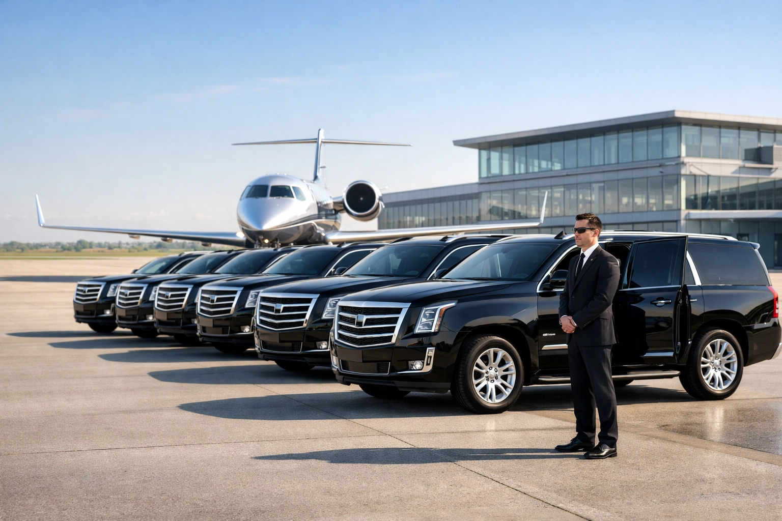 Premium SUVs and a private jet on an airfield for Super Bowl corporate travel logistics.