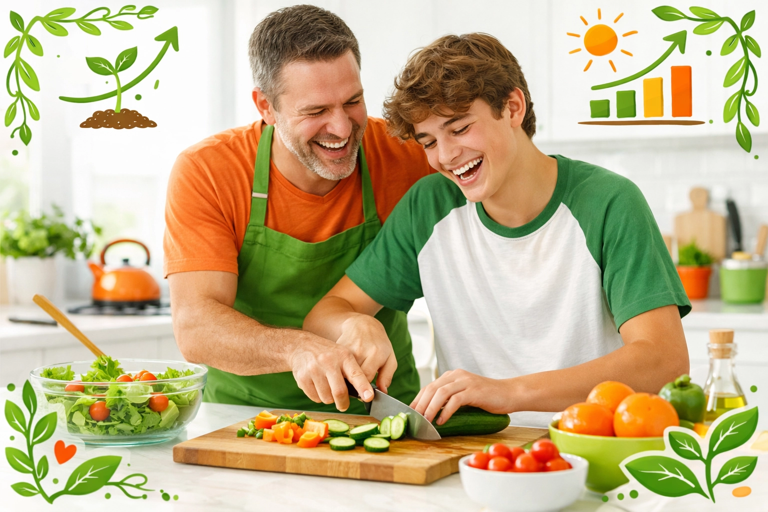 A father teaching his teenage son to cook, building independence and stewardship through daily life skills.