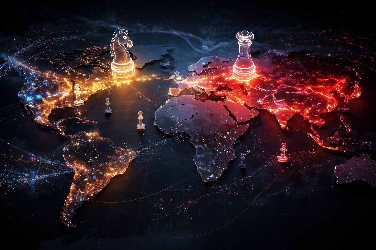 Global map glowing with regulatory zones and chess pieces, illustrating worldwide AI policy competition.