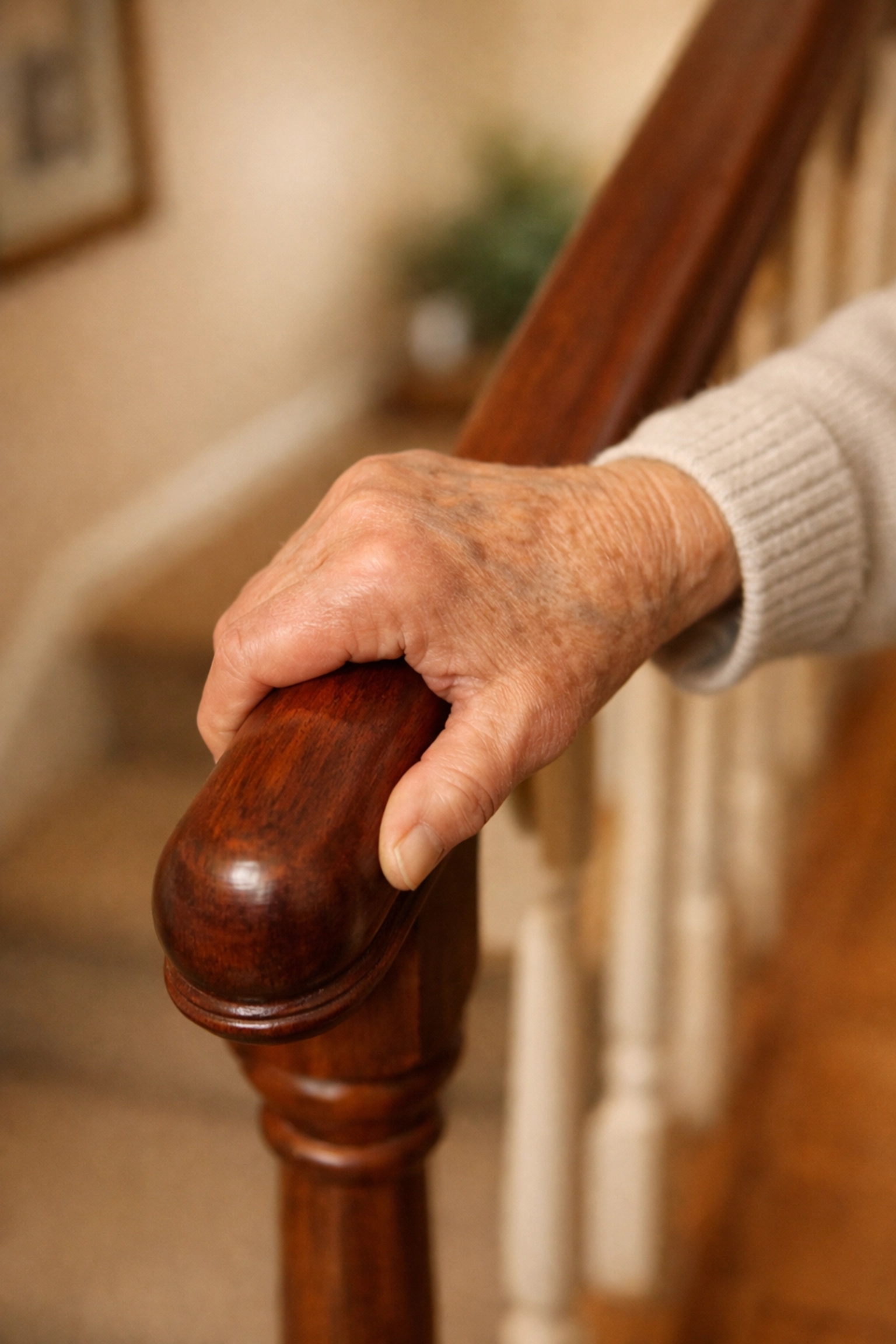 A senior hand using a firm power grip on a sturdy wooden handrail for balance and stair safety.