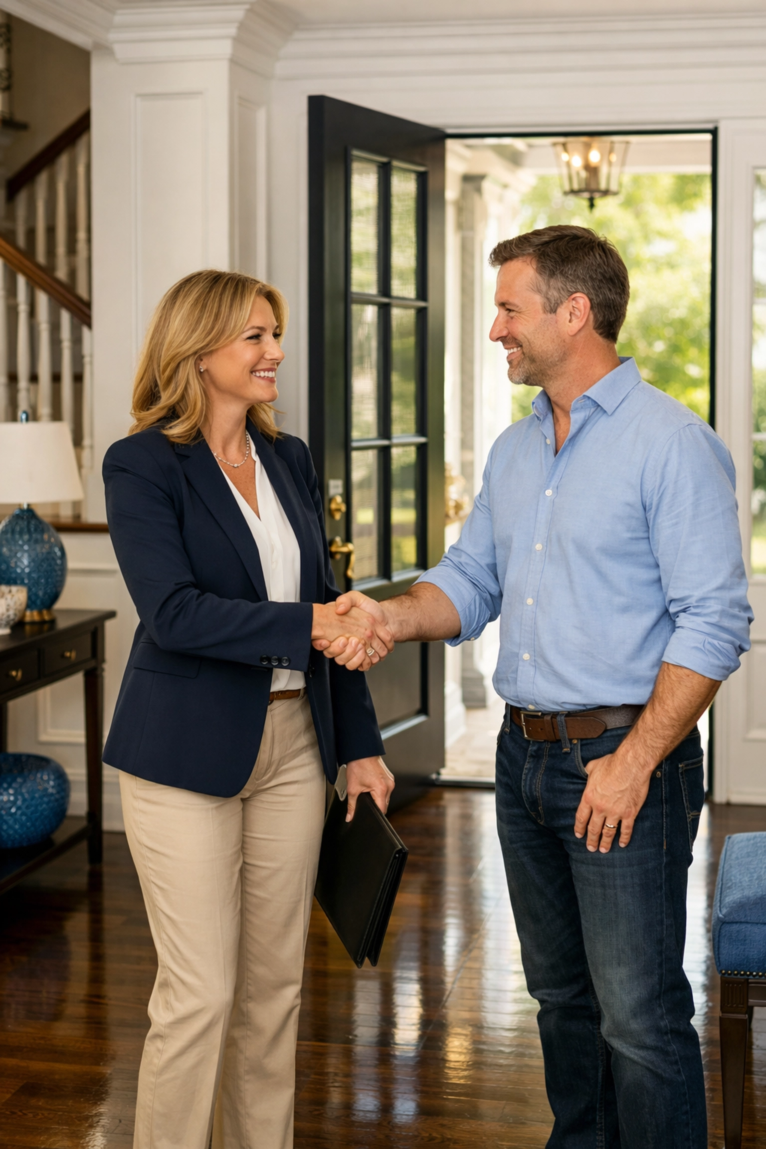 Realtor and client in a spotless foyer after high-end luxury house cleaning Newton MA.