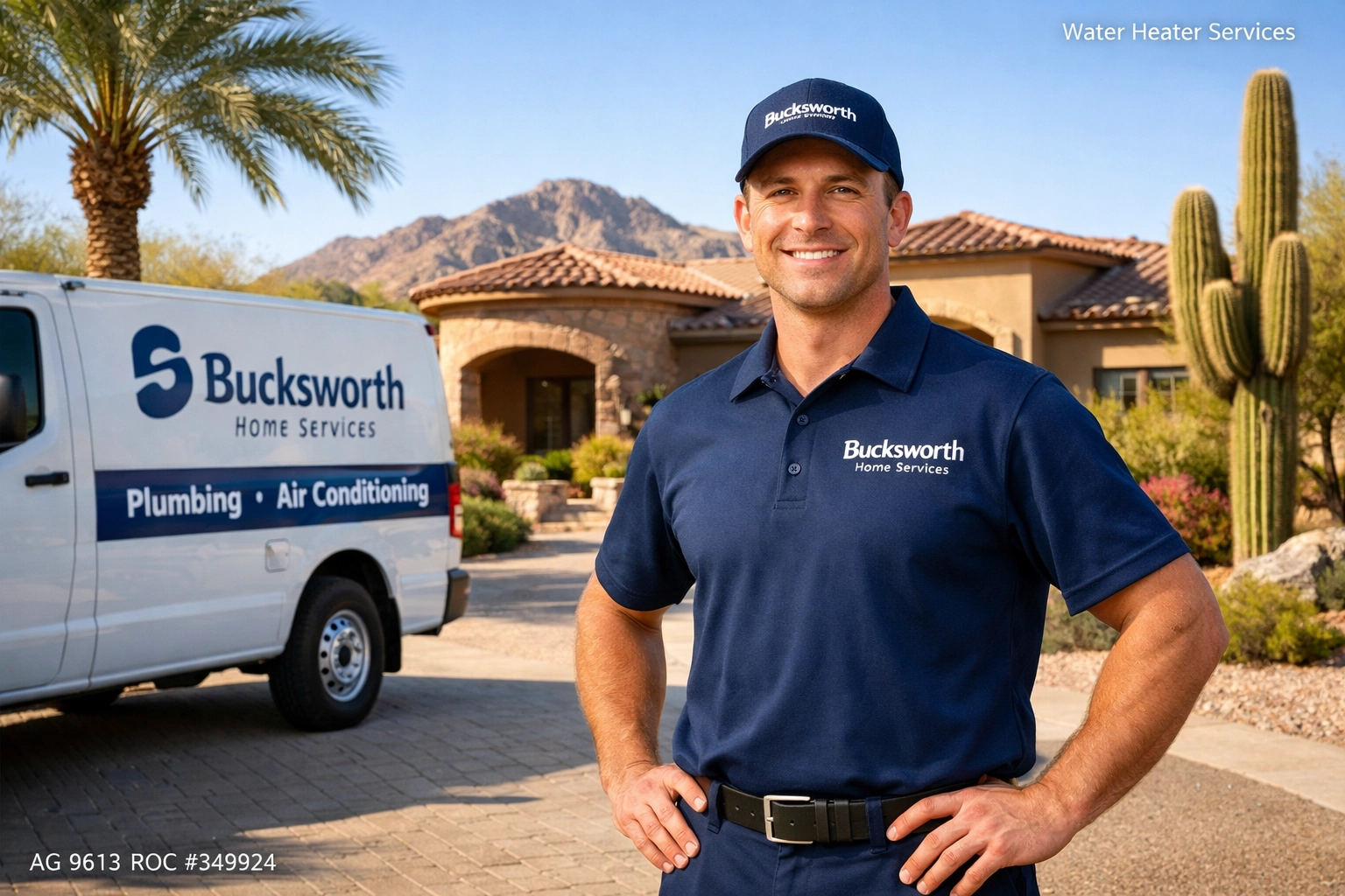 Professional technician providing reliable water heater services in Paradise Valley AZ at a residential property.