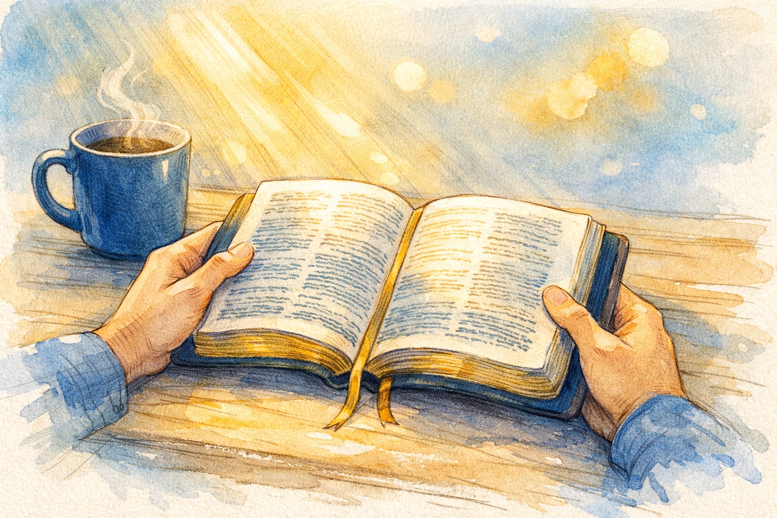 Hands holding open Bible with coffee mug during morning devotional quiet time with God