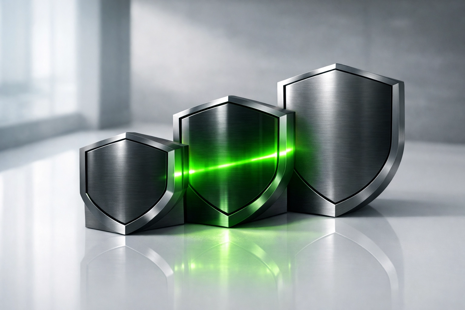 Three modern interlocking shields representing CMMC Level 2 compliance for Ventura defense contractors.