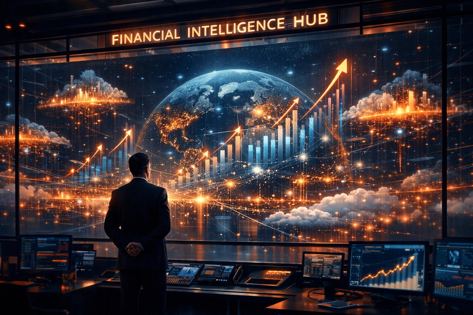 Financial intelligence hub command center displaying holographic business growth data and loan analytics.
