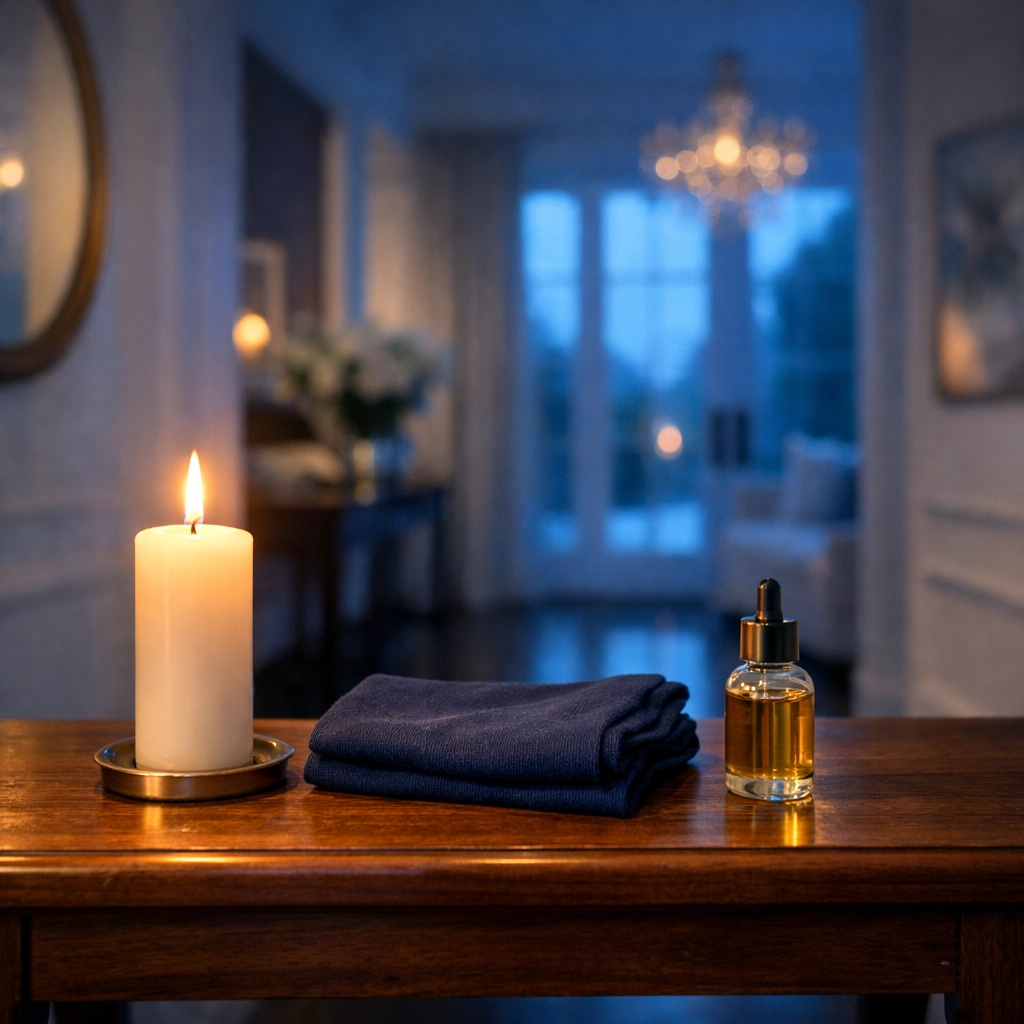 A lit candle and essential oil on an entryway table representing a clean and peaceful home sanctuary.