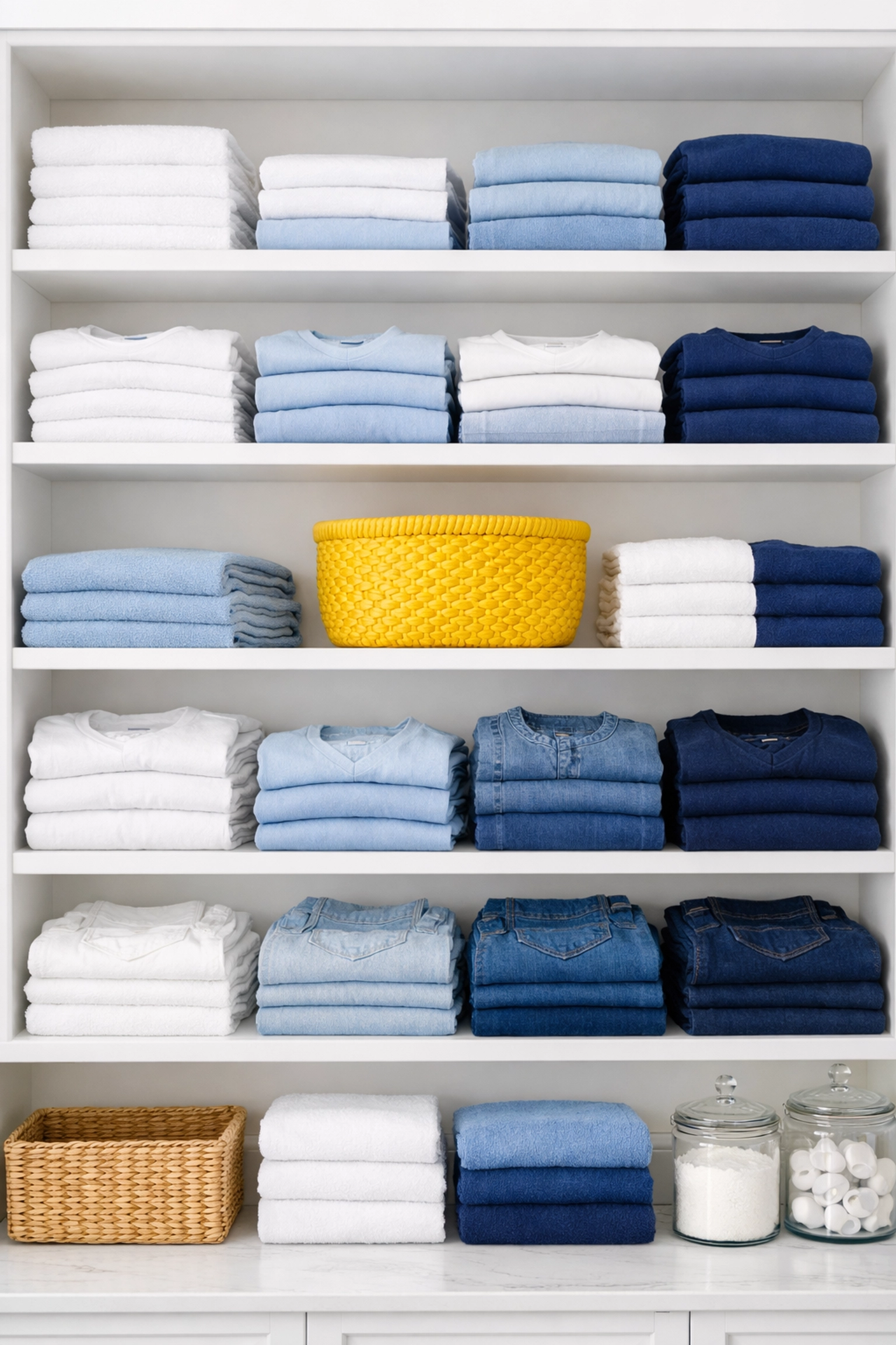 Organized laundry station featuring neatly folded clothes and efficient home cleaning solutions.