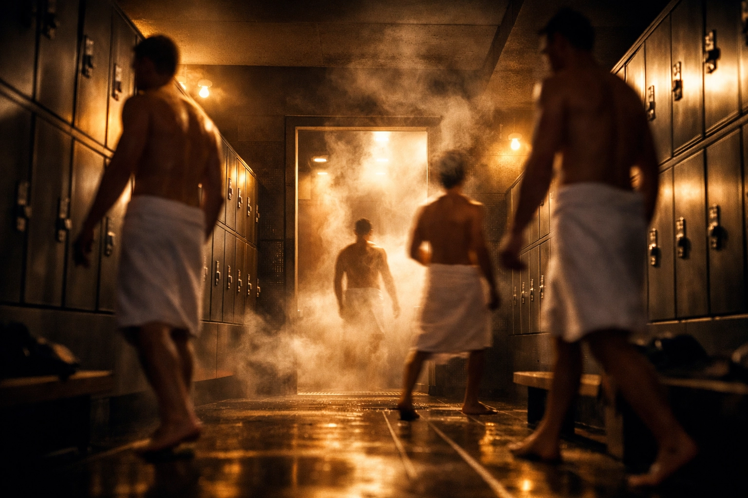 Gay gym locker room with steamy showers and men in towels - MM romance setting