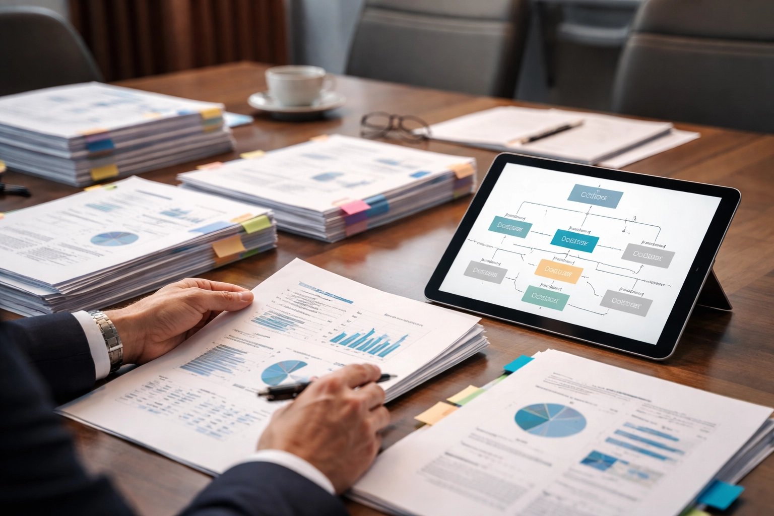 Business owner organizing financial documents and reviewing a tablet flowchart, illustrating structured multi-entity LLC compliance