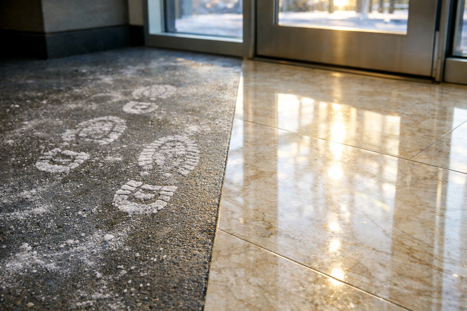 Polished lobby floor contrasting with winter salt streaks in a Midwest apartment building.