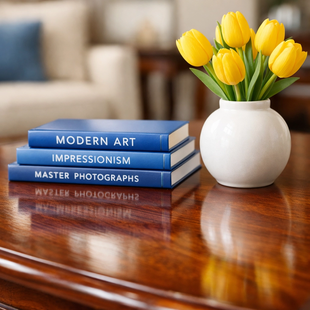 Dust-free mahogany table detail showing the quality of professional house cleaning in Fitchburg, MA.