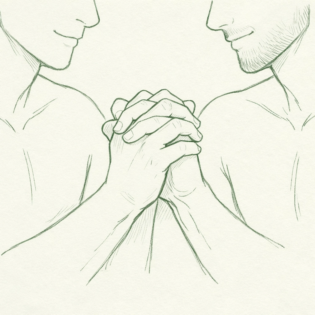 Two men's hands clasped together symbolizing emotional vulnerability and authentic intimacy