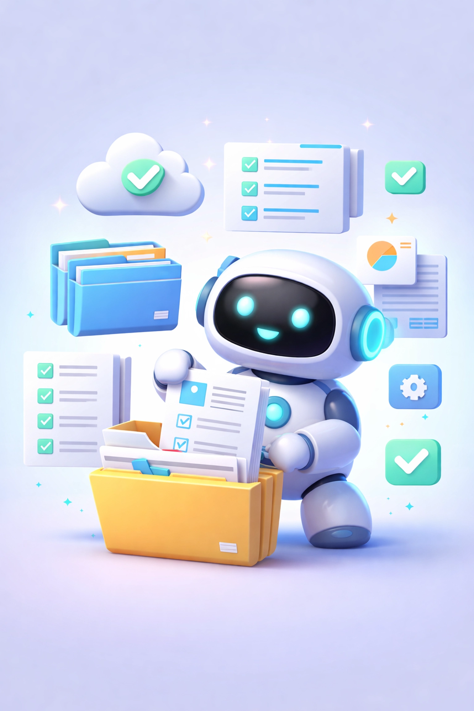 Friendly robot sorting digital files, symbolizing efficient tax preparation services with up-to-date bookkeeping