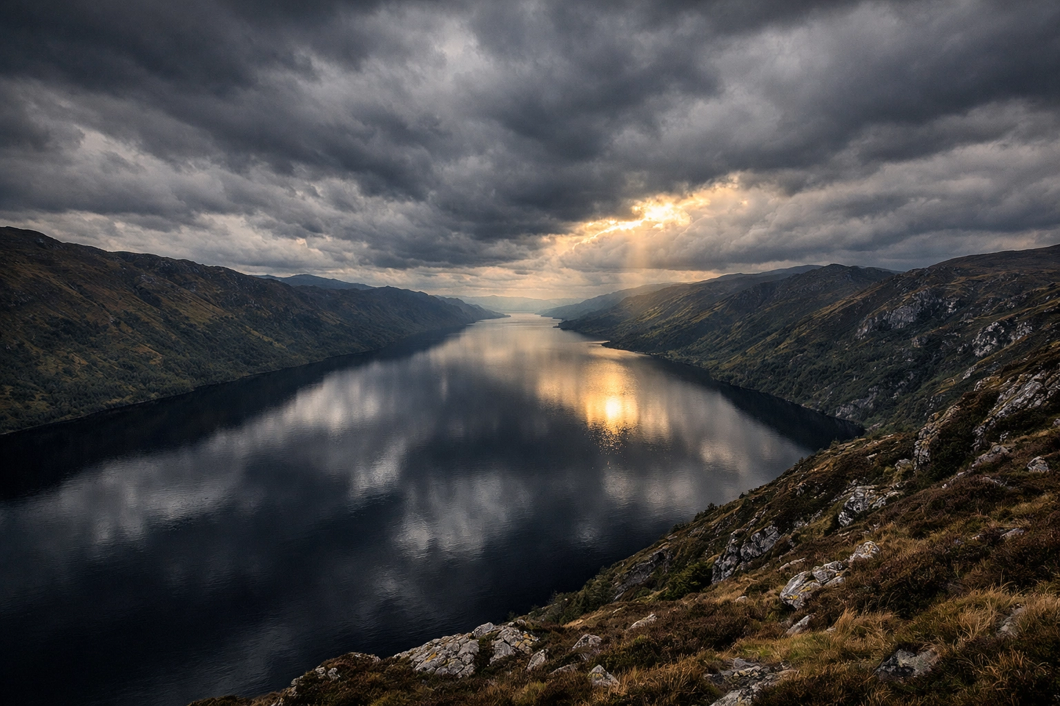 Wide landscape of the dark, deep waters of Loch Ness in the Scottish Highlands under a dramatic sky.