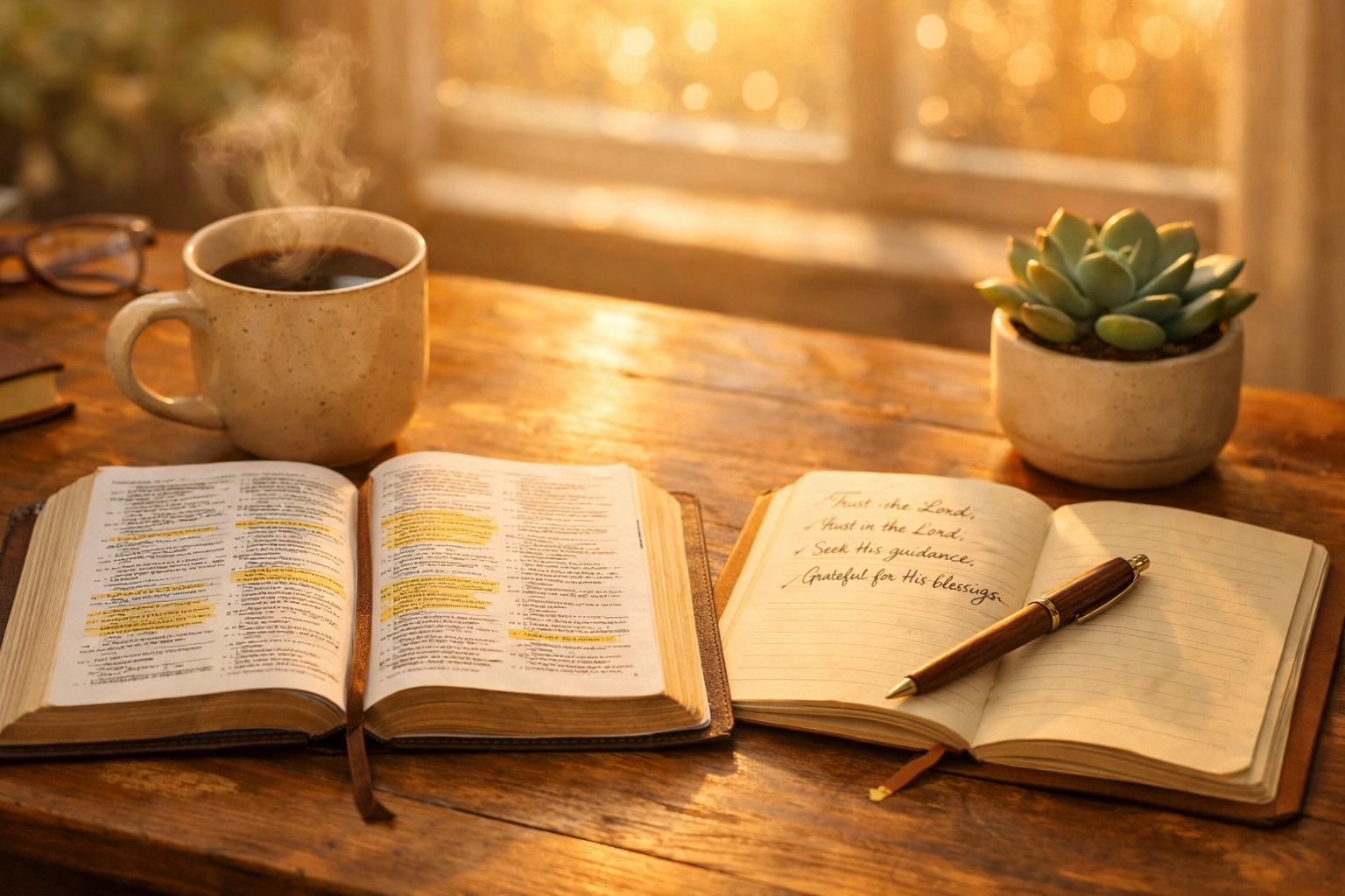 Morning desk setup with open Bible, journal, and coffee for intentional spiritual routine